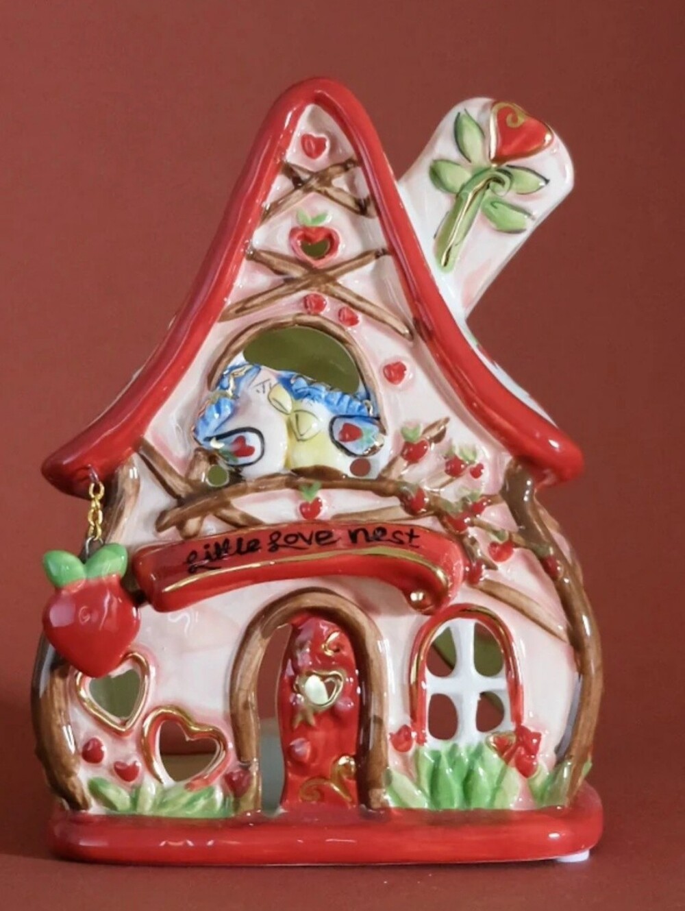 NEW BLUE SKY Ceramic Birdhouse - Red and White Decorative Candle Holder